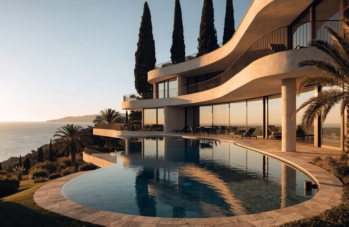 Luxury Mediterranean villa with infinity pool at golden hour