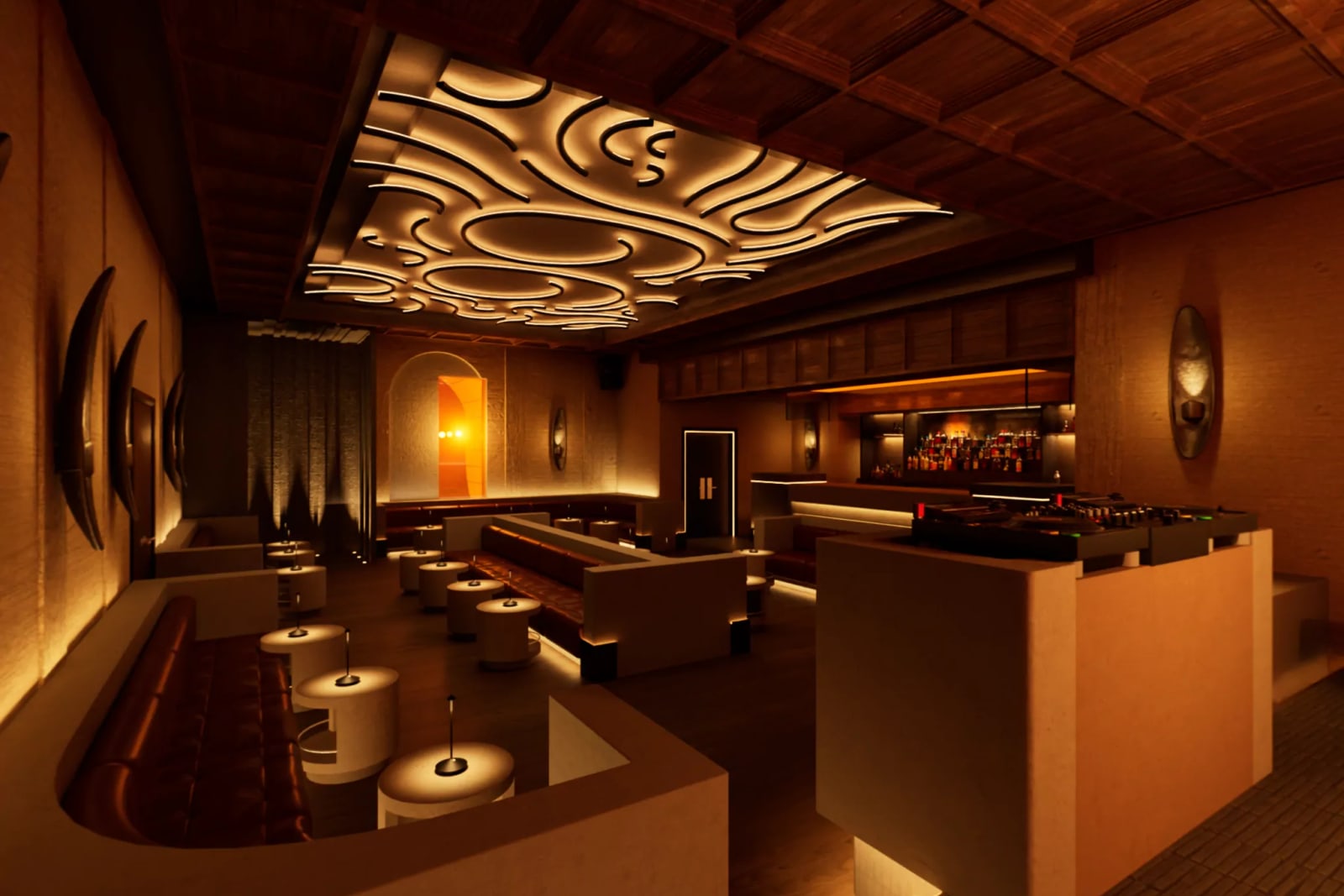 The main room at 99 Regent Street: banquette seating, a long bar and the DJ booth under a sculpted ceiling